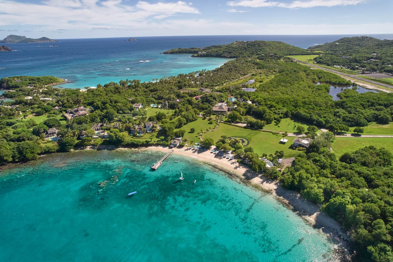Aerial view of the beach and watersports in Mustique