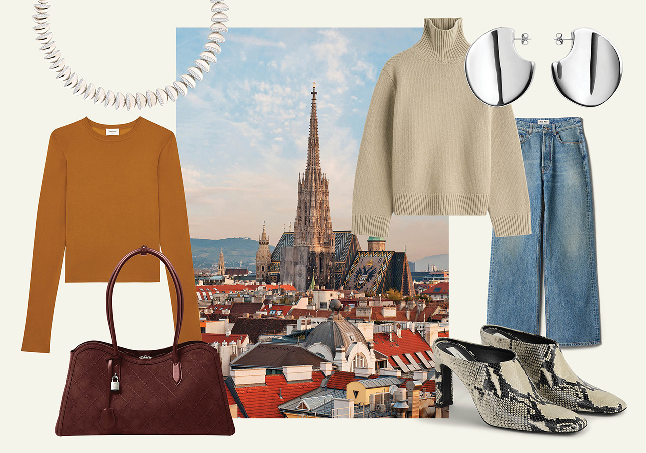 A collage of the cathedral in Vienna and fashion products