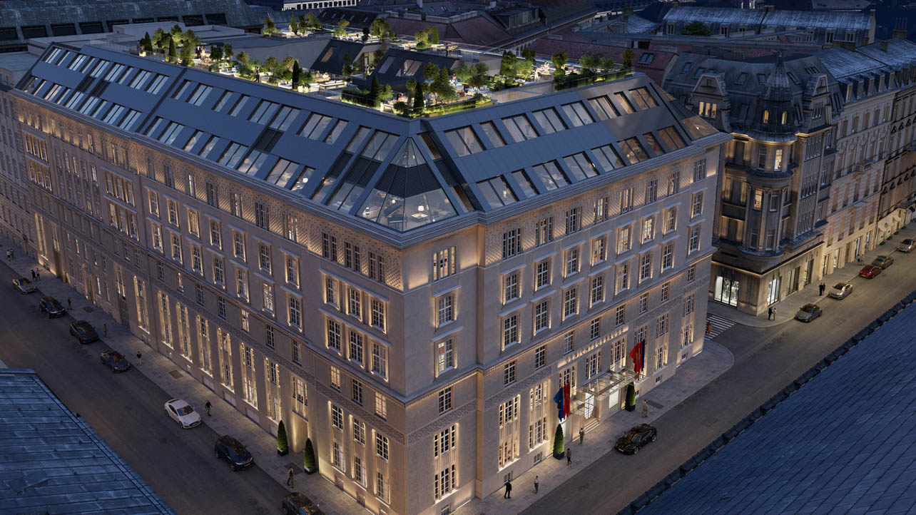 Exterior of the Mandarin Oriental hotel in Vienna at night
