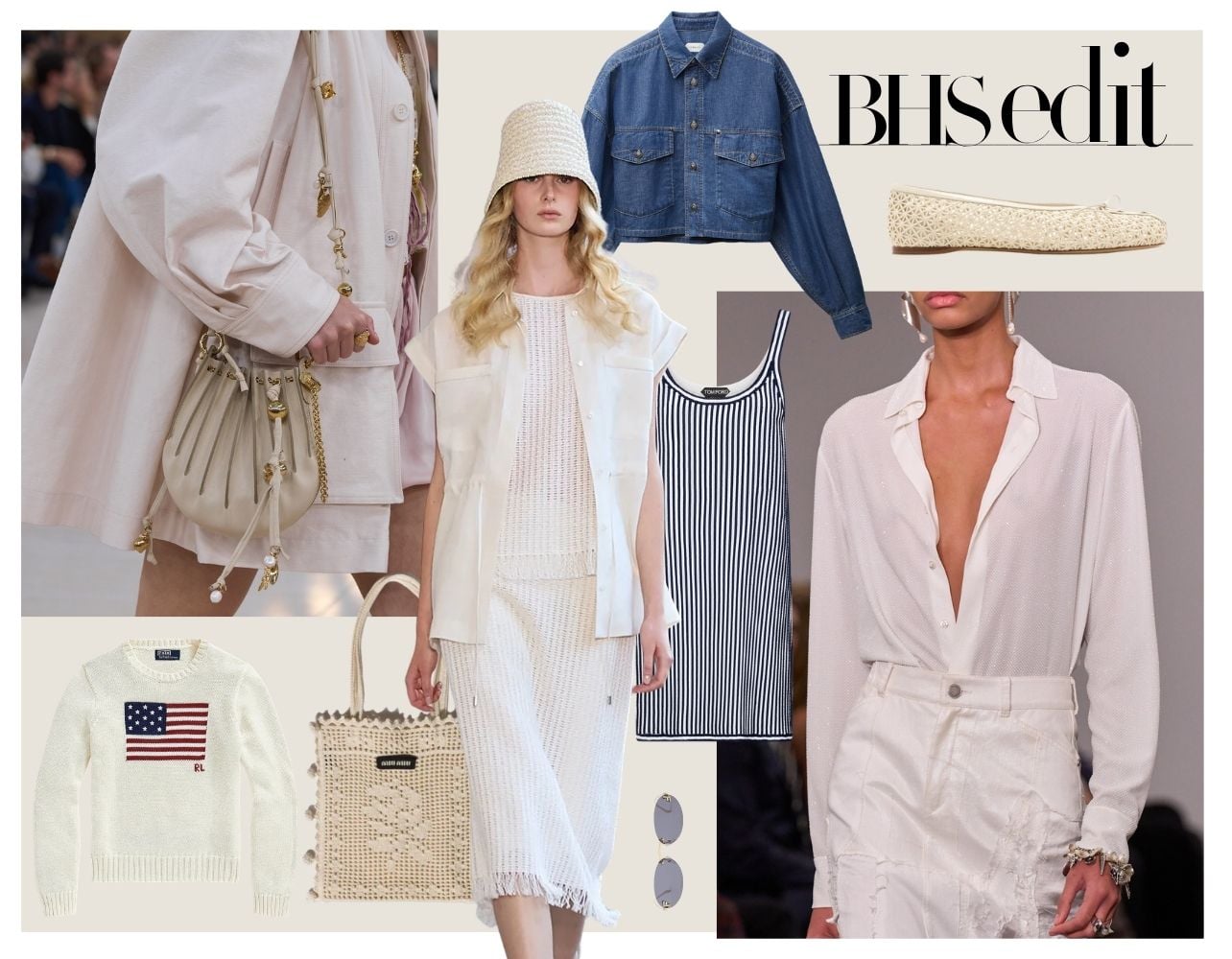 A collage of fashion products and runway shots
