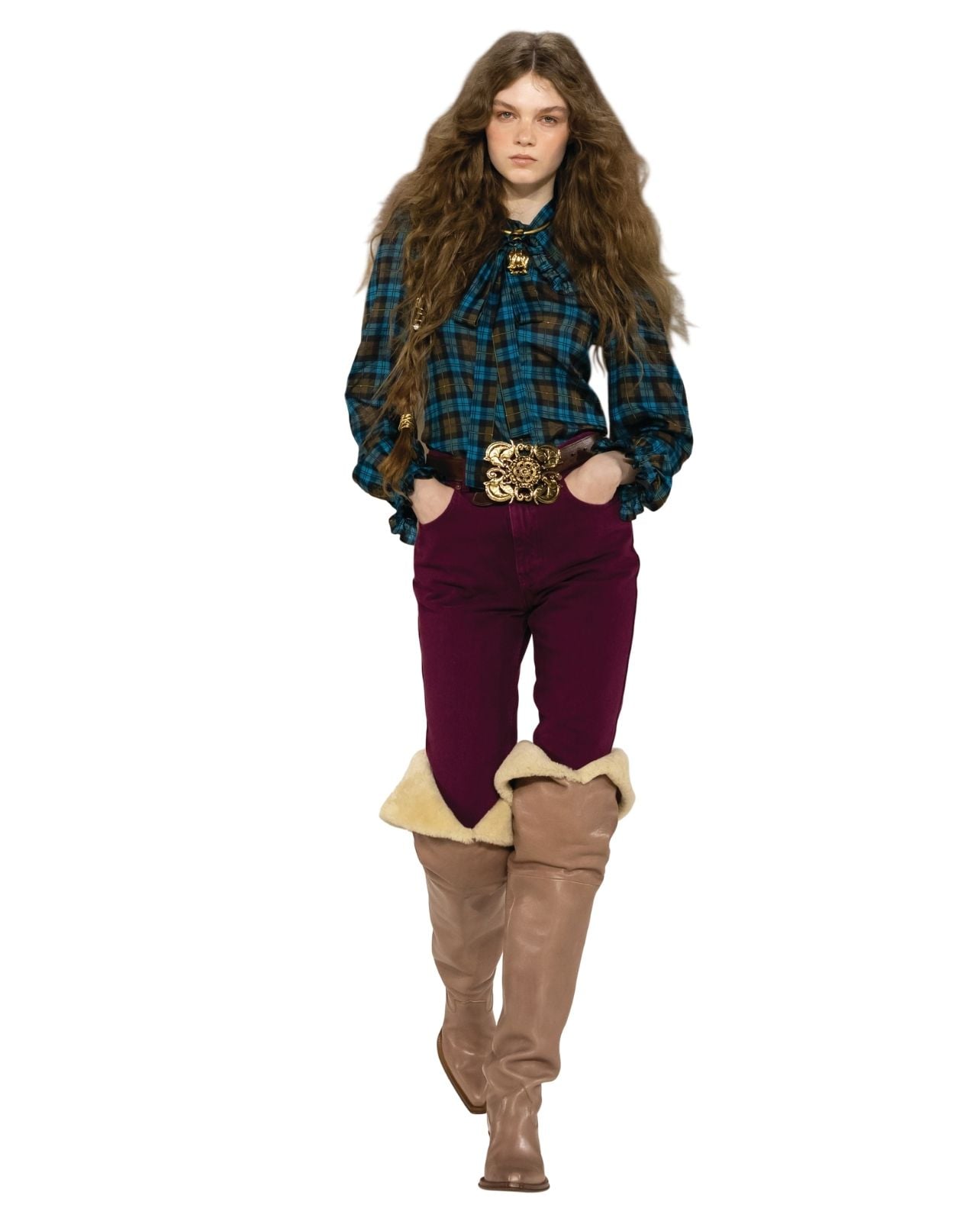 A Chloe runway model wearing red pants and a plaid shirt