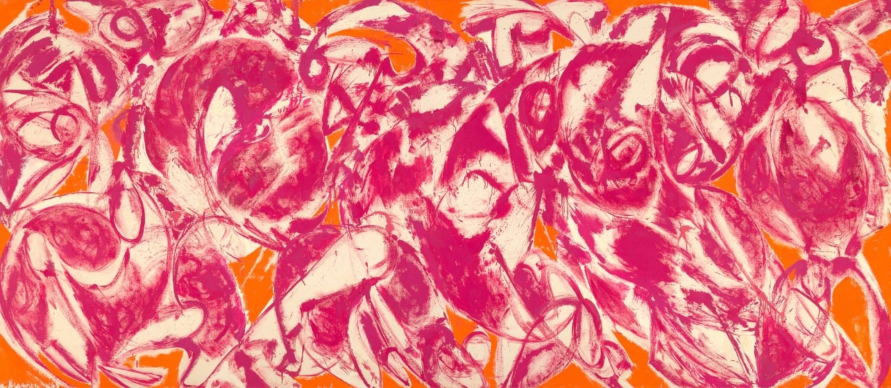 An abstract painting with pink and orange colors
