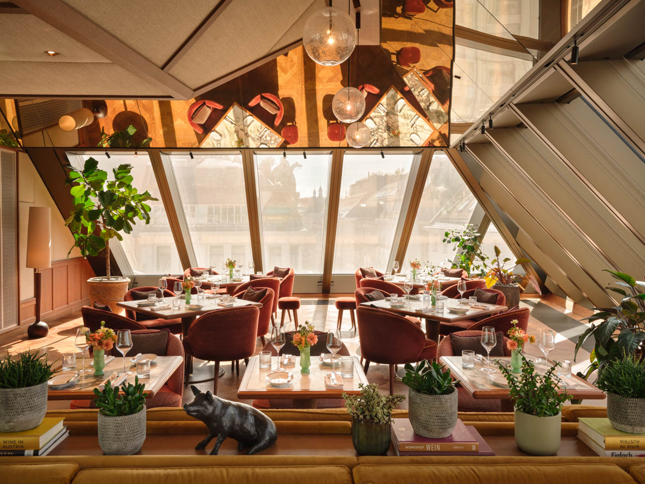 Interior of a restaurant with pink furniture