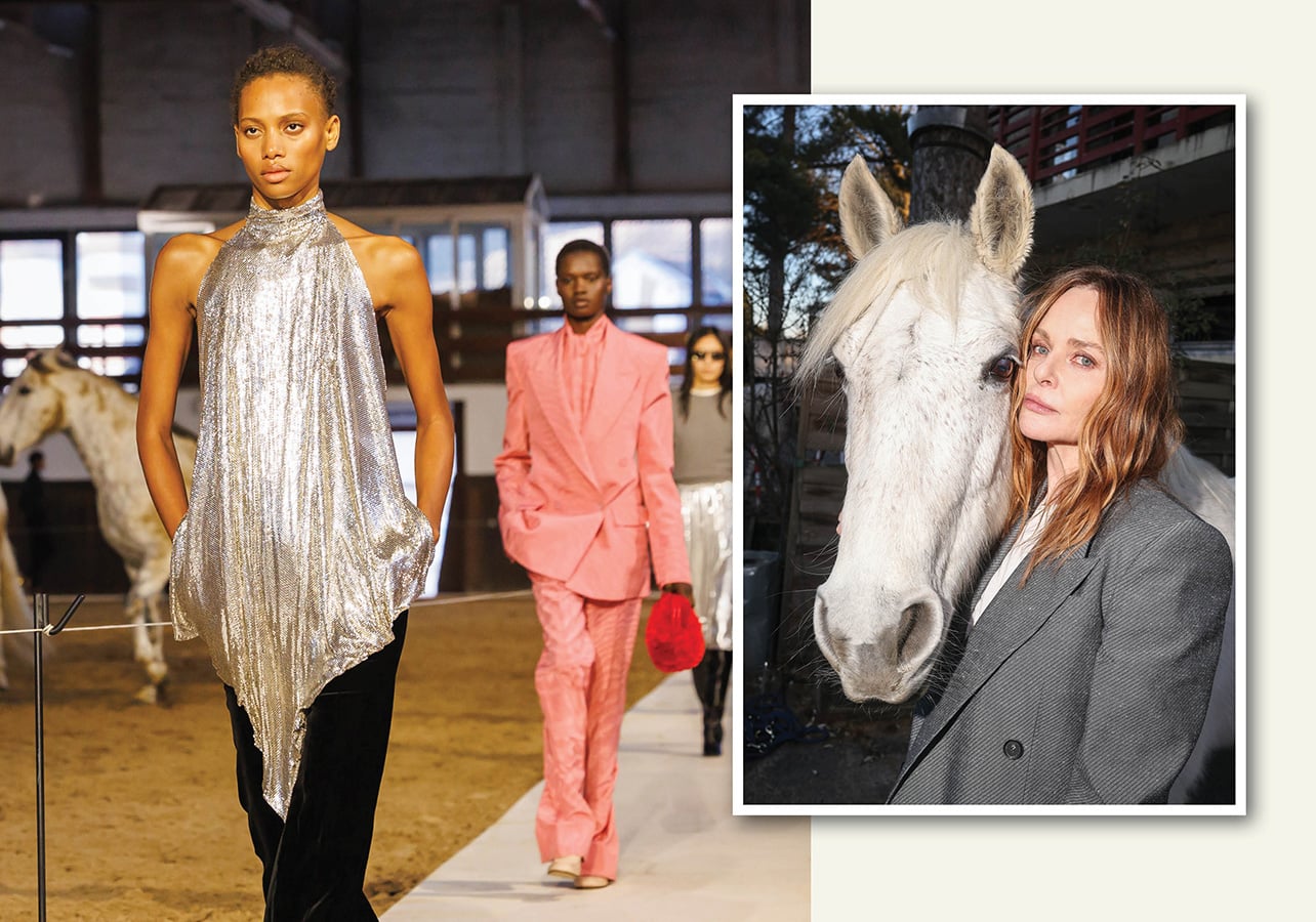 A collage of a Stella McCartney runway show and a portrait of Stella McCartney with a horse